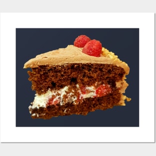 Sweet Food Slice of Frosted Cake with Cream and Raspberries Posters and Art